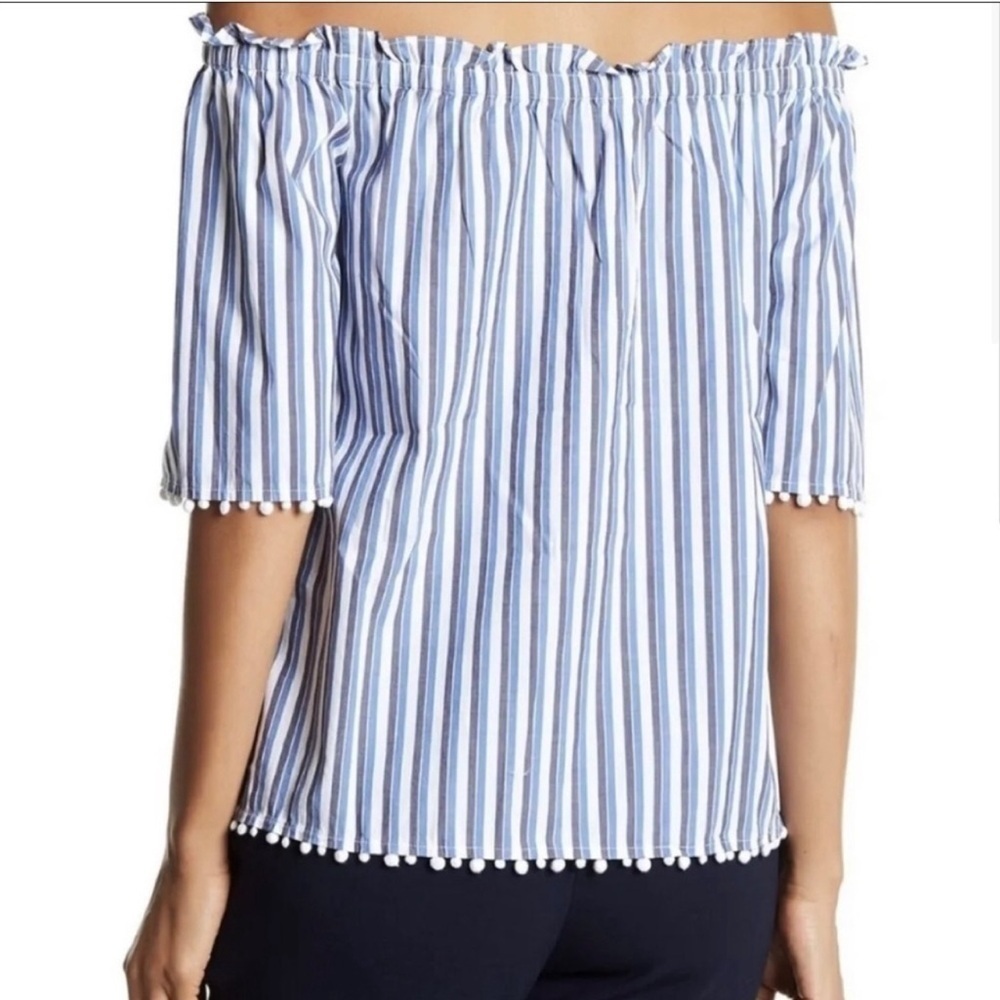 Trina Turk Off Shoulder Blue White Striped Pom Pom Blouse Top Size Small - Picture 2 of 13
